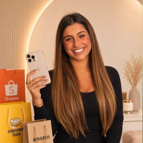 Cami com sacolas Shopee, Amazon e Mercado Livre